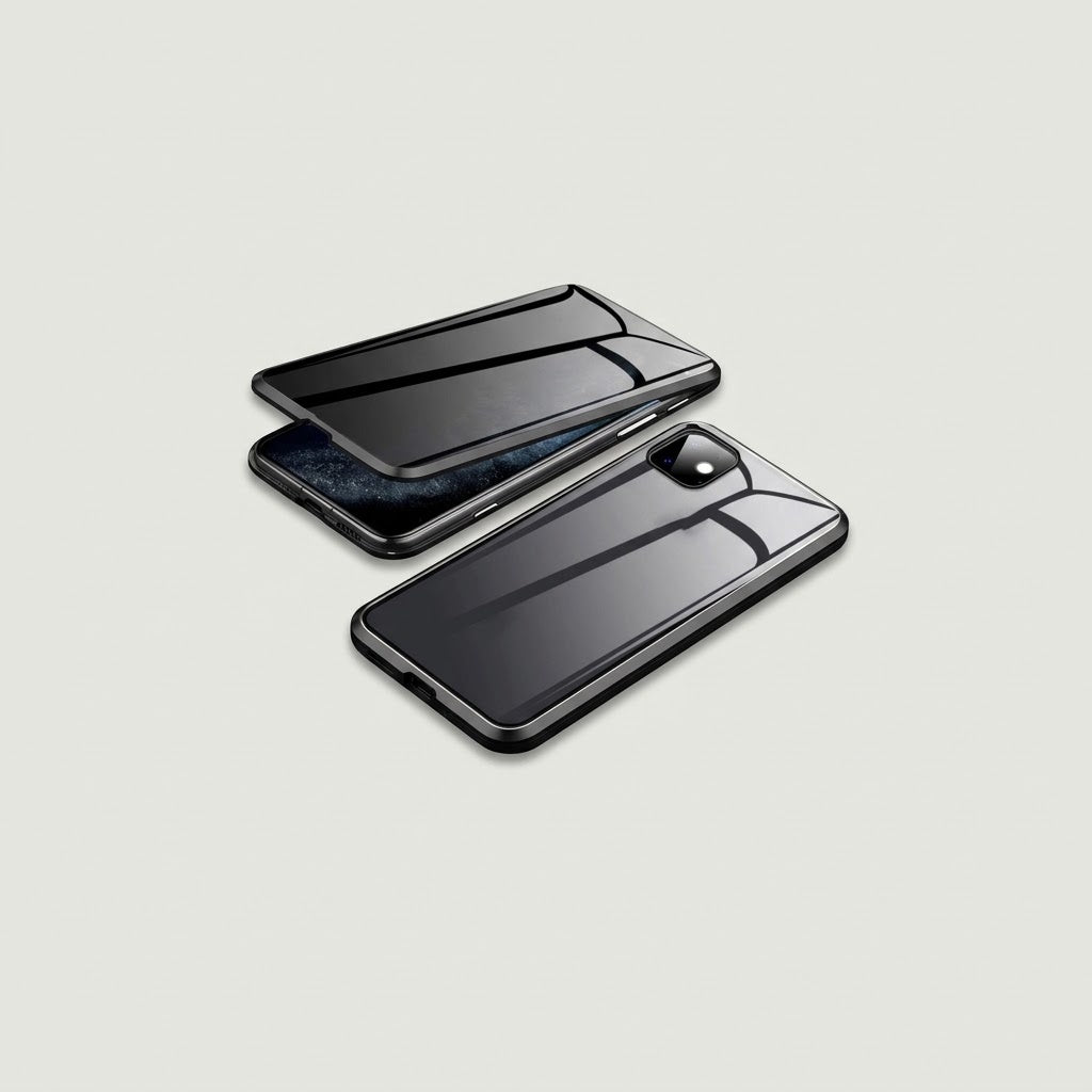 Magnetic privacy glass phone case, front and back, black