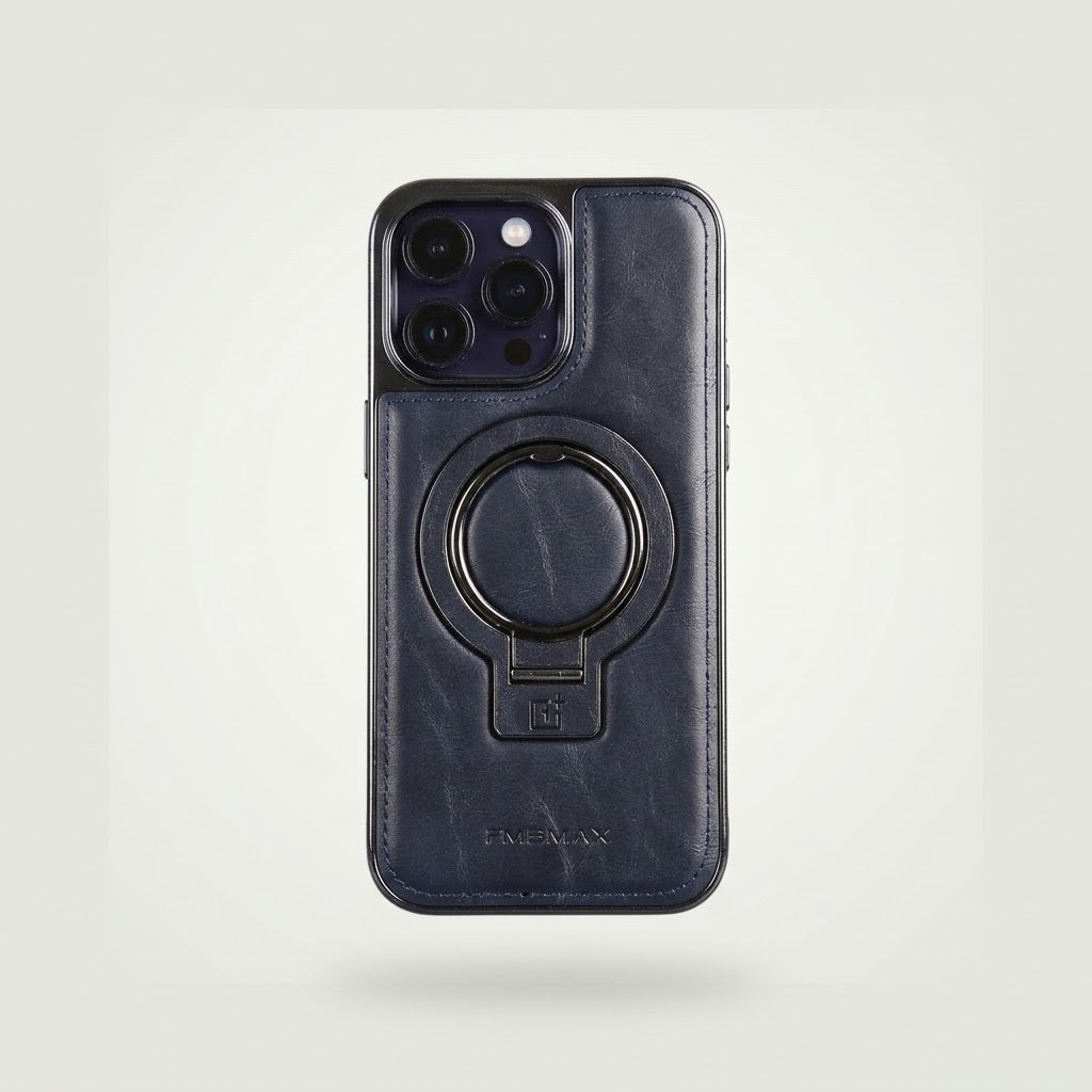 Leather MagSafe phone case with ring stand, navy